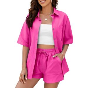 imageFlygo Womens Casual 2 Piece Outfits Cotton Linen Sets Tracksuit Button Down Shirt Top Shorts Lounge SetRose Red