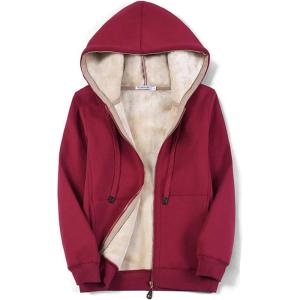 imageFlygo Womens Casual Winter Warm Sherpa Lined Full Zip Hoodie Fleece Sweatshirt JacketWine Red