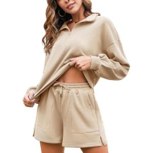 imageFlygo Womens Cotton 2 Piece Outfits Sweatsuit Lounge Sets Half Zip Crop Top and High Waisted Shorts Sweatshirt TracksuitApricot