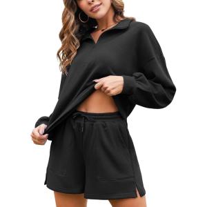 imageFlygo Womens Cotton 2 Piece Outfits Sweatsuit Lounge Sets Half Zip Crop Top and High Waisted Shorts Sweatshirt TracksuitBlack