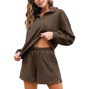 imageFlygo Womens Cotton 2 Piece Outfits Sweatsuit Lounge Sets Half Zip Crop Top and High Waisted Shorts Sweatshirt TracksuitChocolate Brown