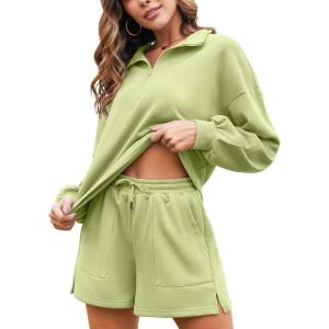 imageFlygo Womens Cotton 2 Piece Outfits Sweatsuit Lounge Sets Half Zip Crop Top and High Waisted Shorts Sweatshirt TracksuitLightgreen