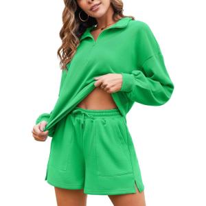 imageFlygo Womens Cotton 2 Piece Outfits Sweatsuit Lounge Sets Half Zip Crop Top and High Waisted Shorts Sweatshirt TracksuitMint