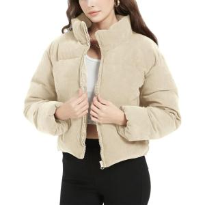 imageFlygo Womens Cropped Corduroy Puffer Jacket Winter Jackets Warm Long Sleeve Zip Quilted Down Puffer CoatBeige