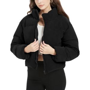 imageFlygo Womens Cropped Corduroy Puffer Jacket Winter Jackets Warm Long Sleeve Zip Quilted Down Puffer CoatBlack