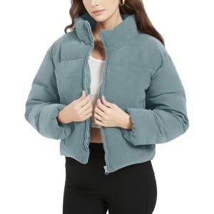 imageFlygo Womens Cropped Corduroy Puffer Jacket Winter Jackets Warm Long Sleeve Zip Quilted Down Puffer CoatBlue Grey