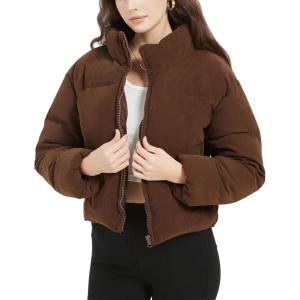 imageFlygo Womens Cropped Corduroy Puffer Jacket Winter Jackets Warm Long Sleeve Zip Quilted Down Puffer CoatBrown