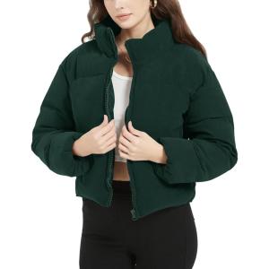 imageFlygo Womens Cropped Corduroy Puffer Jacket Winter Jackets Warm Long Sleeve Zip Quilted Down Puffer CoatDark Green