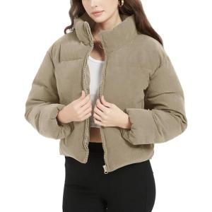 imageFlygo Womens Cropped Corduroy Puffer Jacket Winter Jackets Warm Long Sleeve Zip Quilted Down Puffer CoatKhaki