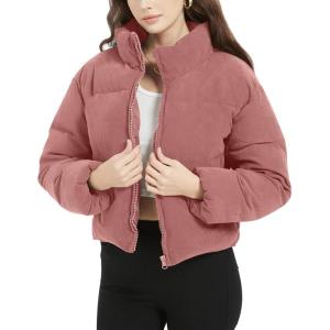 imageFlygo Womens Cropped Corduroy Puffer Jacket Winter Jackets Warm Long Sleeve Zip Quilted Down Puffer CoatPink
