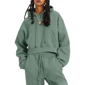 imageFlygo Womens Fleece 2 Piece Outfits Sweatsuit Crop Pullover Sweatshirt Joggers Pants Tracksuit SetBean Green
