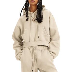 imageFlygo Womens Fleece 2 Piece Outfits Sweatsuit Crop Pullover Sweatshirt Joggers Pants Tracksuit SetBeige
