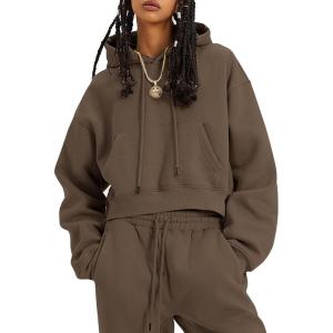 imageFlygo Womens Fleece 2 Piece Outfits Sweatsuit Crop Pullover Sweatshirt Joggers Pants Tracksuit SetCoffee