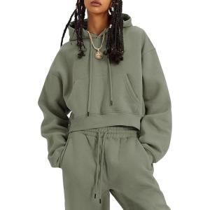 imageFlygo Womens Fleece 2 Piece Outfits Sweatsuit Crop Pullover Sweatshirt Joggers Pants Tracksuit SetGrey Green