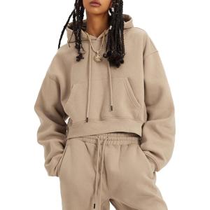 imageFlygo Womens Fleece 2 Piece Outfits Sweatsuit Crop Pullover Sweatshirt Joggers Pants Tracksuit SetKhaki