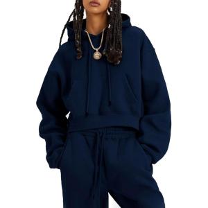 imageFlygo Womens Fleece 2 Piece Outfits Sweatsuit Crop Pullover Sweatshirt Joggers Pants Tracksuit SetNavyblue