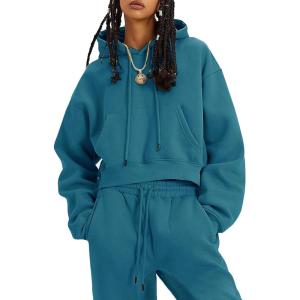 imageFlygo Womens Fleece 2 Piece Outfits Sweatsuit Crop Pullover Sweatshirt Joggers Pants Tracksuit SetTeal