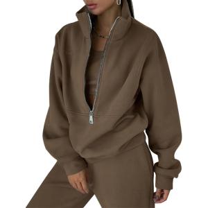 imageFlygo Womens Fleece 2 Piece Outfits Sweatsuit Half Zip Pullover Sweatshirt Joggers Pants Tracksuit Set01 Coffee