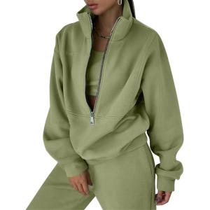 imageFlygo Womens Fleece 2 Piece Outfits Sweatsuit Half Zip Pullover Sweatshirt Joggers Pants Tracksuit Set01 Grey Green