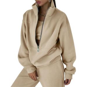 imageFlygo Womens Fleece 2 Piece Outfits Sweatsuit Half Zip Pullover Sweatshirt Joggers Pants Tracksuit Set01 Light Khaki