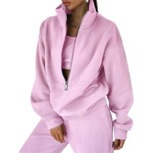 imageFlygo Womens Fleece 2 Piece Outfits Sweatsuit Half Zip Pullover Sweatshirt Joggers Pants Tracksuit Set01 Pink