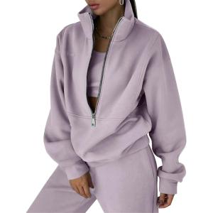 imageFlygo Womens Fleece 2 Piece Outfits Sweatsuit Half Zip Pullover Sweatshirt Joggers Pants Tracksuit Set01 Purple