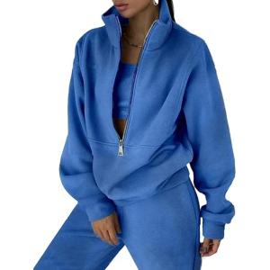 imageFlygo Womens Fleece 2 Piece Outfits Sweatsuit Half Zip Pullover Sweatshirt Joggers Pants Tracksuit SetBlue