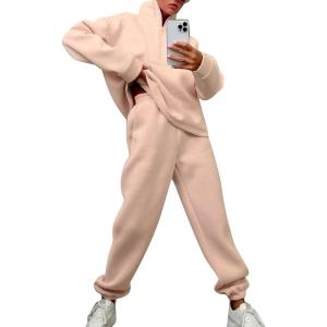 imageFlygo Womens Fleece 2 Piece Sweatsuit Half Zip Pullover Jogging Tracksuit Sweatshirt and SweatpantsApricotM