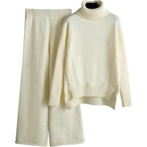 imageFlygo Womens Knit 2 Piece Outfit Wide Leg Pants Turtleneck Sweater Sets Lounge SweatsuitBeige