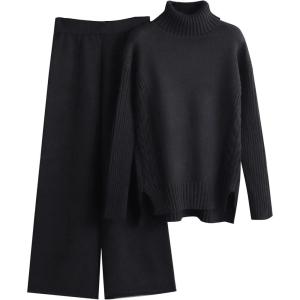 imageFlygo Womens Knit 2 Piece Outfit Wide Leg Pants Turtleneck Sweater Sets Lounge SweatsuitBlack