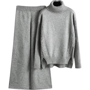 imageFlygo Womens Knit 2 Piece Outfit Wide Leg Pants Turtleneck Sweater Sets Lounge SweatsuitGrey