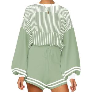 imageFlygo Womens Knit Striped 2 Piece Outfits Crewneck Pullover Sweater Shorts Set Wide Leg Matching Set LoungewearGreen