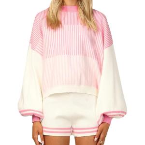 imageFlygo Womens Knit Striped 2 Piece Outfits Crewneck Pullover Sweater Shorts Set Wide Leg Matching Set LoungewearPink