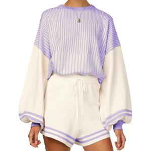imageFlygo Womens Knit Striped 2 Piece Outfits Crewneck Pullover Sweater Shorts Set Wide Leg Matching Set LoungewearPurple
