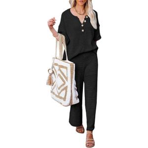 imageFlygo Womens Knit Two Piece Outfits Waffle Sweatsuit Short Sleeve Sweater Wide Leg Pants Loungewear Set BlackM