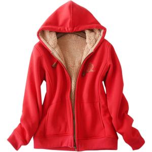 imageFlygo Womens Warm Fleece Sherpa Lined Hoodies Zip Up Sweatshirt Jacket Coat Medium Red