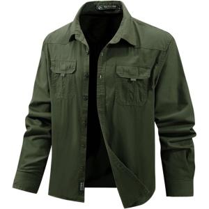 imageFlygo Long Sleeve Work Shirts for Men Casual Cotton Button Down Western Cowboy Cargo Shirt for Hiking Safari CampingArmy Green