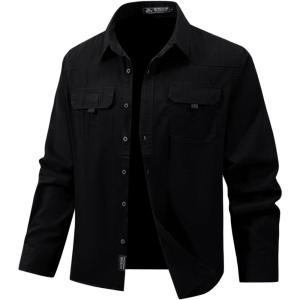 imageFlygo Long Sleeve Work Shirts for Men Casual Cotton Button Down Western Cowboy Cargo Shirt for Hiking Safari CampingBlack