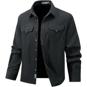 imageFlygo Long Sleeve Work Shirts for Men Casual Cotton Button Down Western Cowboy Cargo Shirt for Hiking Safari CampingDark Grey