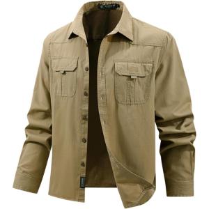 imageFlygo Long Sleeve Work Shirts for Men Casual Cotton Button Down Western Cowboy Cargo Shirt for Hiking Safari CampingKhaki