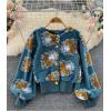 imageFlygo Womens Cropped Floral Print Bomber Jacket Warm Fleece Varsity Jacket Casual Button Down Puff Sleeve Coat OuterwearBlue