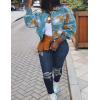 imageFlygo Womens Cropped Floral Print Bomber Jacket Warm Fleece Varsity Jacket Casual Button Down Puff Sleeve Coat OuterwearBlue