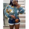 imageFlygo Womens Cropped Floral Print Bomber Jacket Warm Fleece Varsity Jacket Casual Button Down Puff Sleeve Coat OuterwearBlue