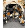 imageFlygo Womens Cropped Floral Print Bomber Jacket Warm Fleece Varsity Jacket Casual Button Down Puff Sleeve Coat OuterwearGrey