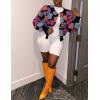 imageFlygo Womens Cropped Floral Print Bomber Jacket Warm Fleece Varsity Jacket Casual Button Down Puff Sleeve Coat OuterwearPink