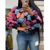 imageFlygo Womens Cropped Floral Print Bomber Jacket Warm Fleece Varsity Jacket Casual Button Down Puff Sleeve Coat OuterwearPink