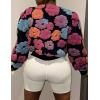 imageFlygo Womens Cropped Floral Print Bomber Jacket Warm Fleece Varsity Jacket Casual Button Down Puff Sleeve Coat OuterwearPink