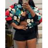 imageFlygo Womens Cropped Floral Print Bomber Jacket Warm Fleece Varsity Jacket Casual Button Down Puff Sleeve Coat OuterwearRed