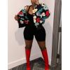 imageFlygo Womens Cropped Floral Print Bomber Jacket Warm Fleece Varsity Jacket Casual Button Down Puff Sleeve Coat OuterwearRed