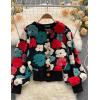 imageFlygo Womens Cropped Floral Print Bomber Jacket Warm Fleece Varsity Jacket Casual Button Down Puff Sleeve Coat OuterwearRed